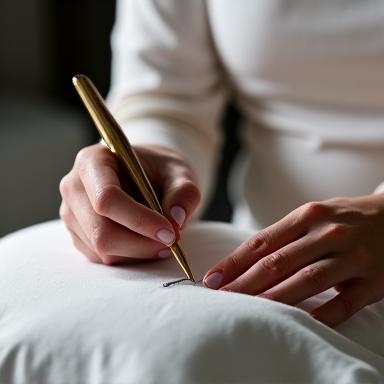 Couturière effectuant une finition main sur une taie d'oreiller